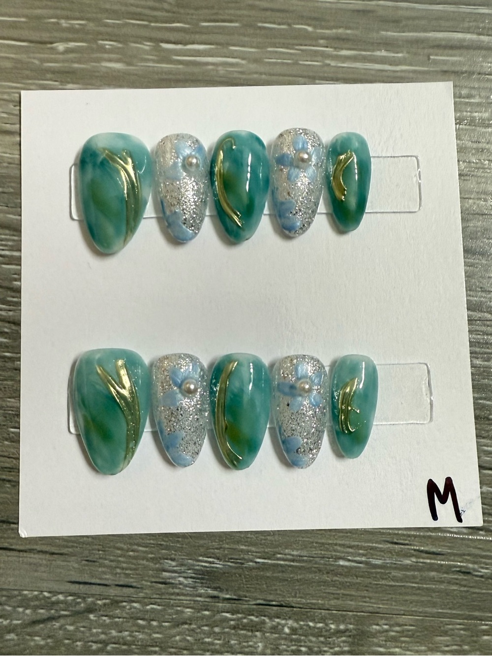 Seafoam Marble Press-On Nails with Silver Glitter and Gold Accent